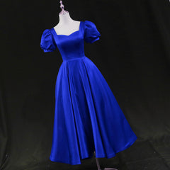 Royal Blue Satin Tea Length Wedding Party Dress, Blue Prom Homecoming Dress