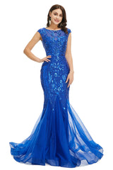 Royal Blue Sequined Tulle Mermaid Cap Sleeve Scoop Neck Formal Gowns