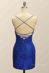 Royal Blue Sheath Lace-Up Back Pleated Sequins Mini Homecoming Dress
