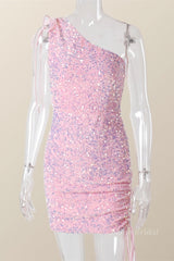 Ruched One Shoulder and Hem Pink Sequin Mini Dress