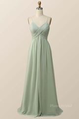 Sage Green Pleated Straps Long Bridesmaid Dress