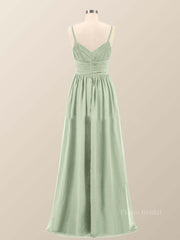 Sage Green Straps Pleated Empire Long Bridesmaid Dress