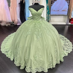 Lace Sage Green Quinceanera Dresses Applique Off Shoulder Sweet 16 Dress