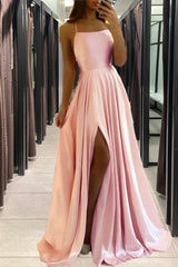 Satin Dusty Pink Prom Dress Beach Maxi Women Dress, Straps Evening Cheap Bridesmaid Dresses