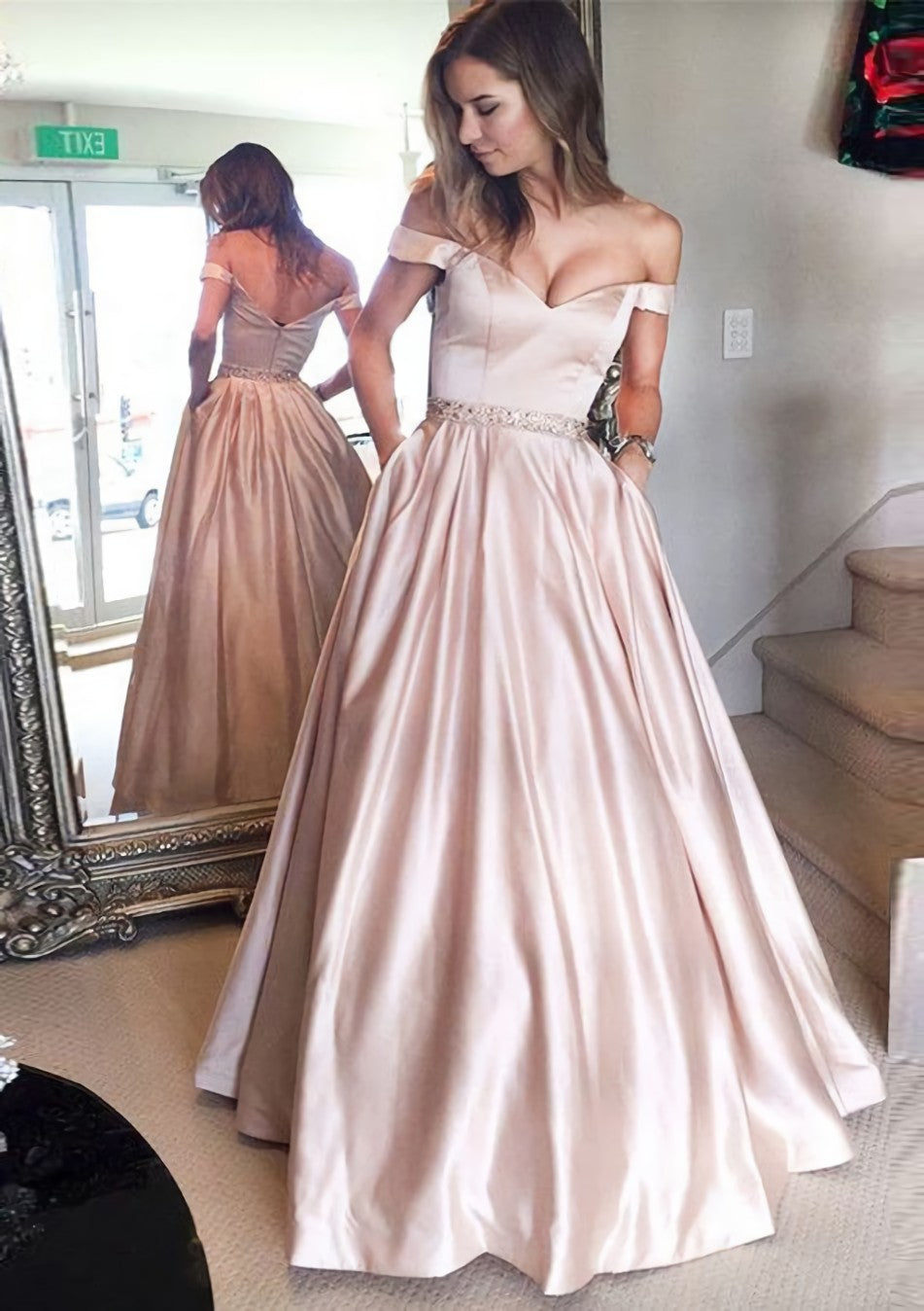 Satin Prom Dress A Line Princess Off The Shoulder Long Floor Length With Beaded