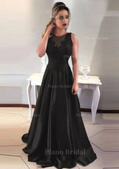 Satin Prom Dress A Line Princess Scoop Neck Sweep Train With Appliqued