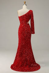Scarlet Mermaid One Shoulder Satin Long Sleeve Silt Long Prom Dress