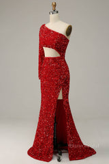 Scarlet Mermaid One Shoulder Satin Long Sleeve Silt Long Prom Dress