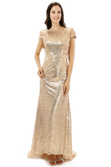 Scoop Backless Floor-length Sparkle Sequins Champagne Prom Dresses