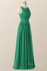 Scoop Green Pleated Chiffon A-line Long Bridesmaid Dress