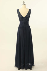 Scoop Navy Blue Lace and Chiffon A-line Long Bridesmaid Dress
