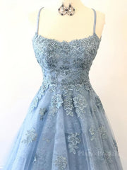 Scoop Neck Light Blue Backless Lace Prom Dresses, Scoop Neck Blue Lace Formal Evening Dresses