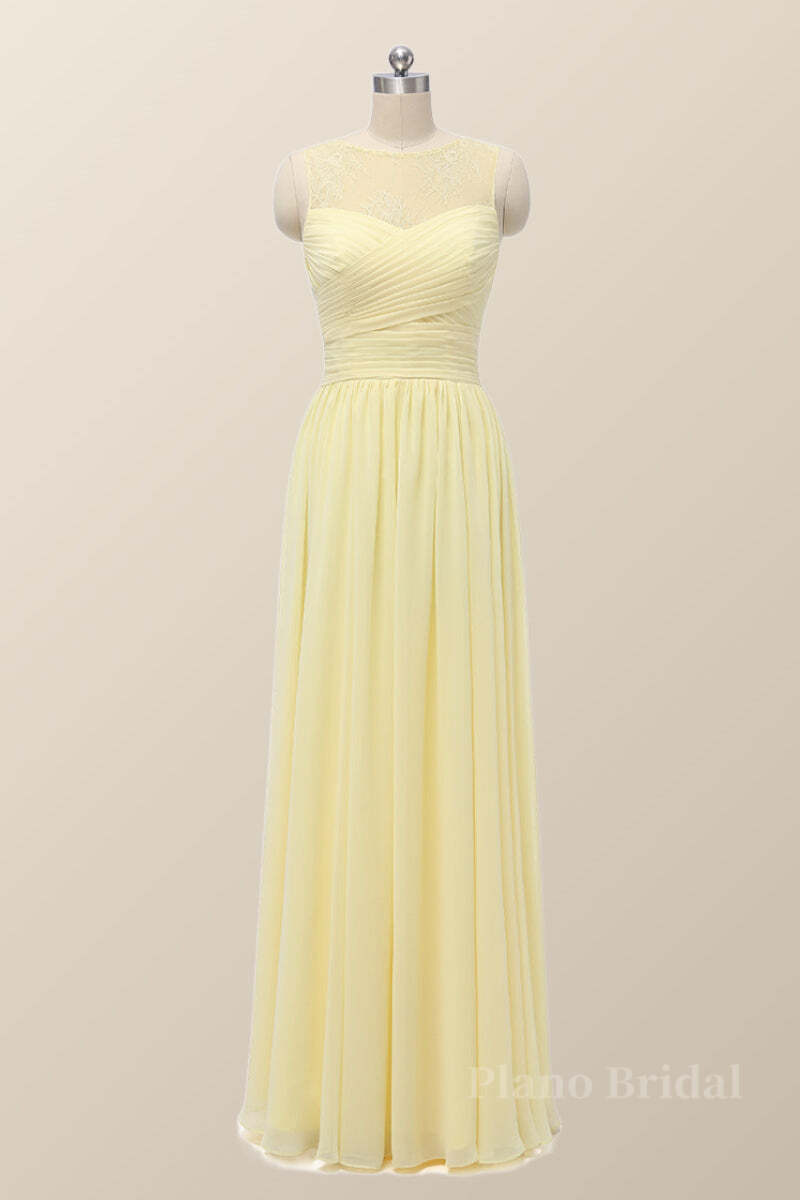 Scoop Yellow Chiffon Pleated Long Bridesmaid Dress