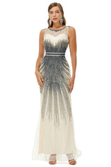 Sequin Bead Sleeveless High Neck Mermaid Prom Dresses