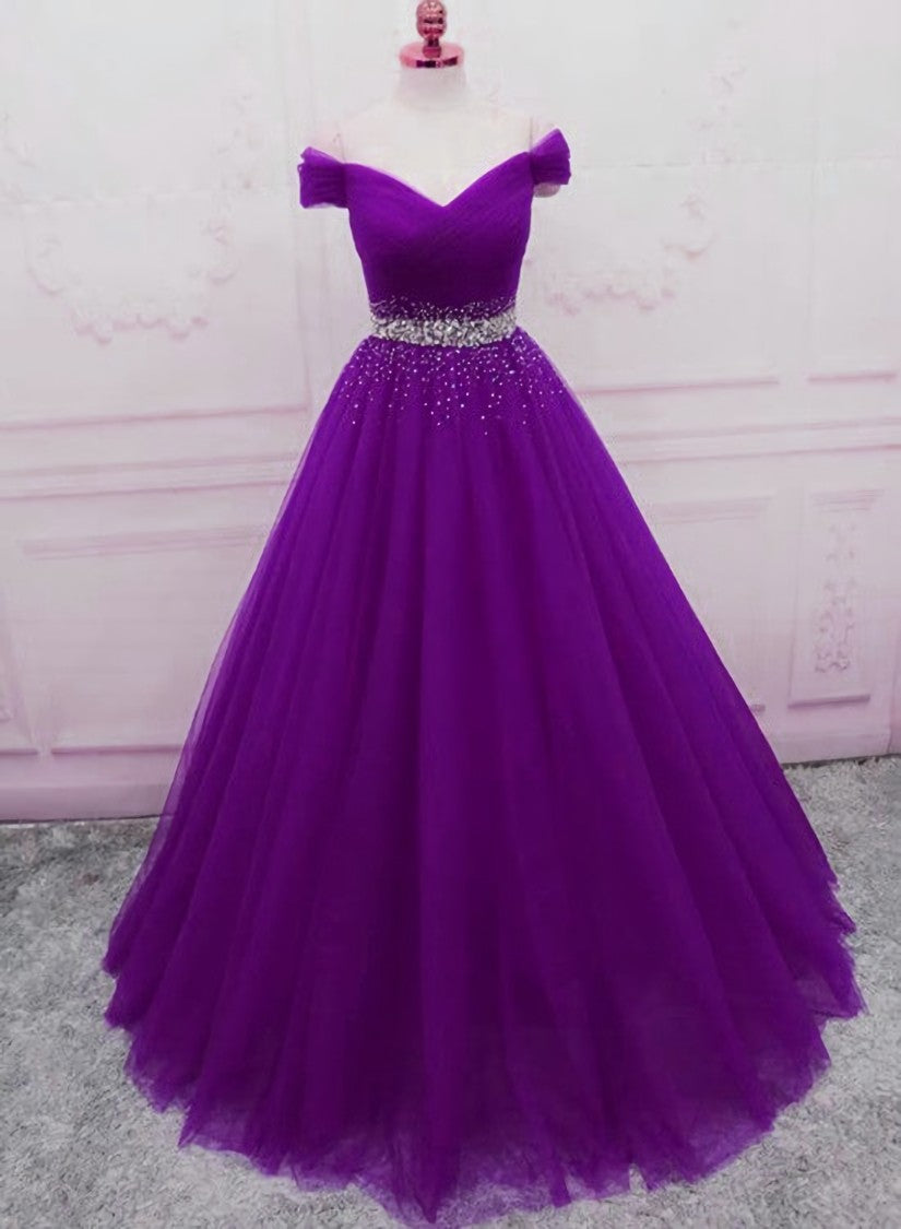 Sequins Sweetheart Long Party Dress, Purple Tulle Evening Gown