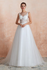 Sequins White Tulle Affordable Wedding Dresses with Appliques
