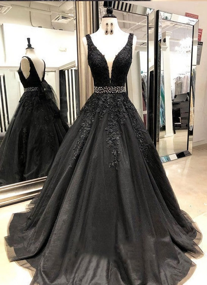 Sexy Black V Neck Tulle Long Prom Dress,Evening Dress Formal Wear