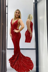 Sexy Red Mermaid Sequin Backless Long Party Prom Dresses