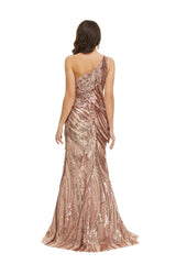 Rose Gold One Shoulder with Side Slit Prom Dresses