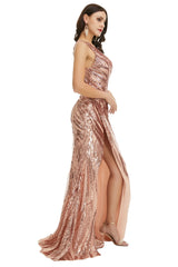Rose Gold One Shoulder with Side Slit Prom Dresses