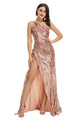 Rose Gold Um ombro com vestidos de baile de fenda lateral