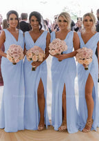 Sheath Column Cowl Neck Sleeveless Chiffon Bridesmaid Dresses With Pleated Split