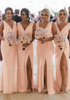 Sheath Column Cowl Neck Sleeveless Chiffon Bridesmaid Dresses With Pleated Split