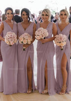 Sheath Column Cowl Neck Sleeveless Chiffon Bridesmaid Dresses With Pleated Split