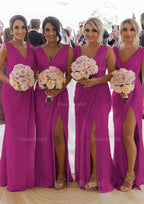 Sheath Column Cowl Neck Sleeveless Chiffon Bridesmaid Dresses With Pleated Split