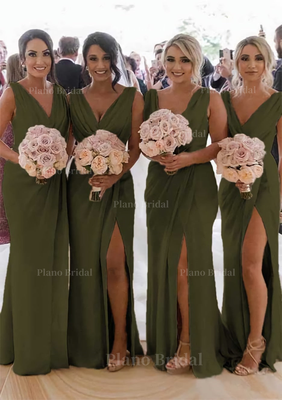 Sheath Column Cowl Neck Sleeveless Chiffon Bridesmaid Dresses With Pleated Split