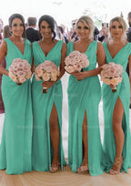 Sheath Column Cowl Neck Sleeveless Chiffon Bridesmaid Dresses With Pleated Split