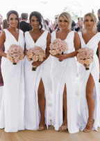 Sheath Column Cowl Neck Sleeveless Chiffon Bridesmaid Dresses With Pleated Split