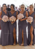 Sheath Column Cowl Neck Sleeveless Chiffon Bridesmaid Dresses With Pleated Split