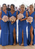 Sheath Column Cowl Neck Sleeveless Chiffon Bridesmaid Dresses With Pleated Split