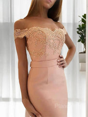 Sheath/Column Off-the-Shoulder Sweep Train Stretch Crepe Evening Dresses With Appliques Lace