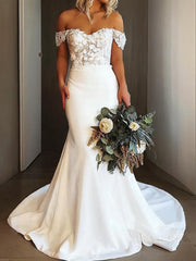 Sheath/Column Off-the-Shoulder Sweep Train Stretch Crepe Wedding Dresses With Appliques Lace