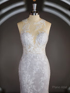 Sheath/Column Scoop Court Train Lace Wedding Dresses with Appliques Lace