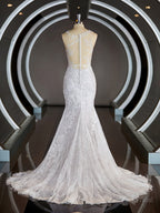 Sheath/Column Scoop Court Train Lace Wedding Dresses with Appliques Lace