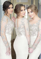 Sheath Column Scoop Neck Full Long Sleeve Long Floor Length Elastic Satin Bridesmaid Dresses With Appliqued