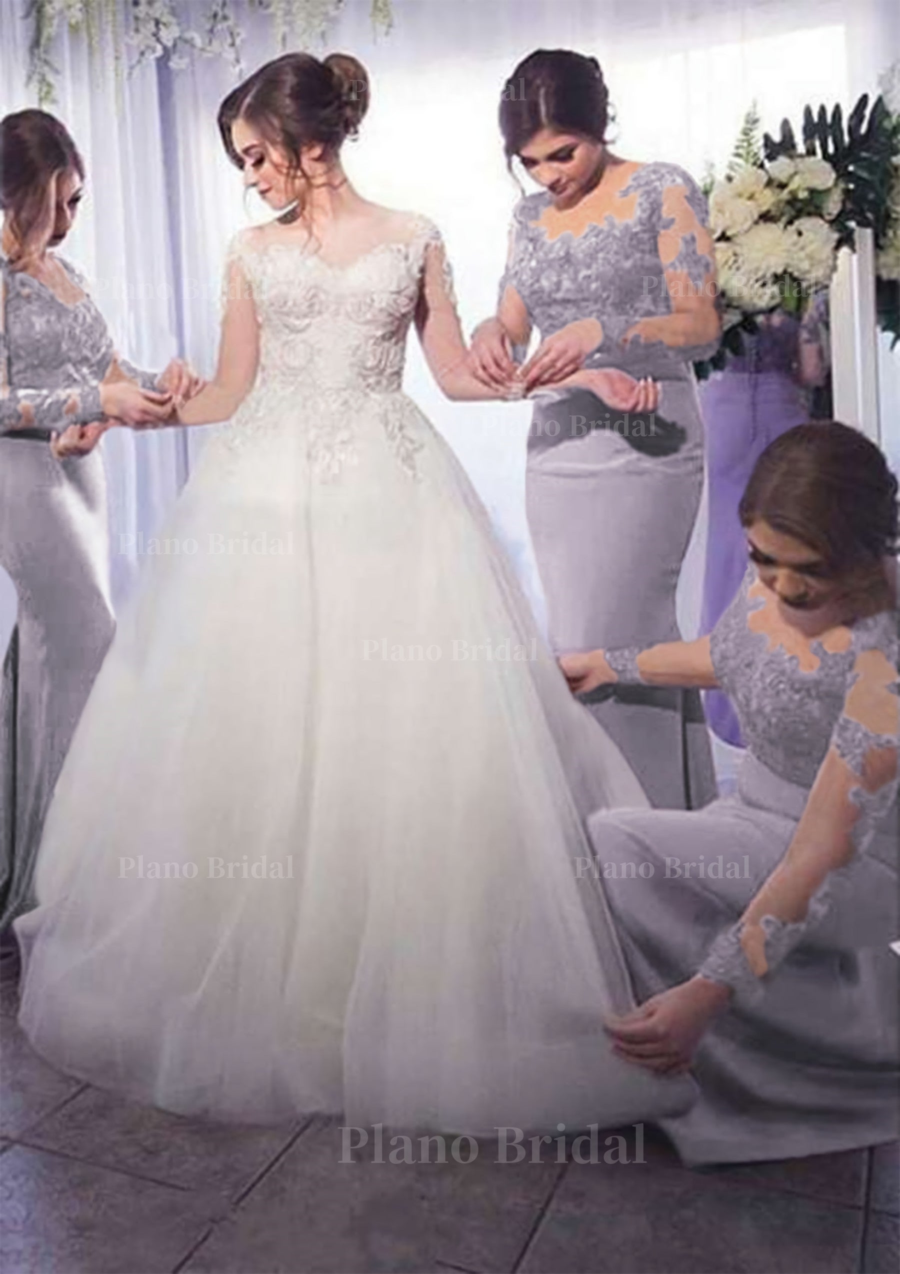 Sheath Column Scoop Neck Full Long Sleeve Long Floor Length Elastic Satin Bridesmaid Dresses With Appliqued