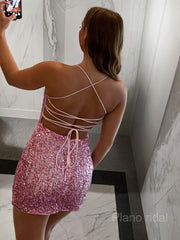 Sheath/Column Spaghetti Straps Short/Mini Velvet Sequins Homecoming Dresses
