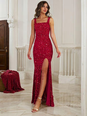 Sheath/Column Straps Floor-Length Velvet Sequins Prom Dresses With Leg Slit
