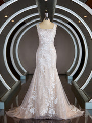 Sheath/Column Straps Sweep Train Lace Wedding Dresses with Appliques Lace