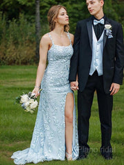 Sheath/Column Straps Sweep Train Tulle Prom Dresses With Leg Slit