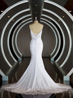 Sheath/Column V-neck Court Train Stretch Crepe Wedding Dresses with Ruffles