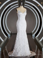 Sheath/Column V-neck Sweep Train Lace Wedding Dresses with Appliques Lace