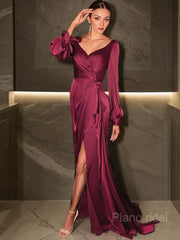 Sheath/Column V-neck Sweep Train Silk like Satin Mother of the Bride Dresses With Ruched