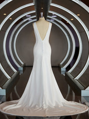 Sheath/Column V-neck Sweep Train Stretch Crepe Wedding Dresses with Ruffles