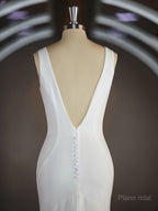 Sheath/Column V-neck Sweep Train Stretch Crepe Wedding Dresses with Ruffles