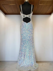 Sheath/Column V-neck Sweep Train Velvet Sequins Prom Dresses With Leg Slit